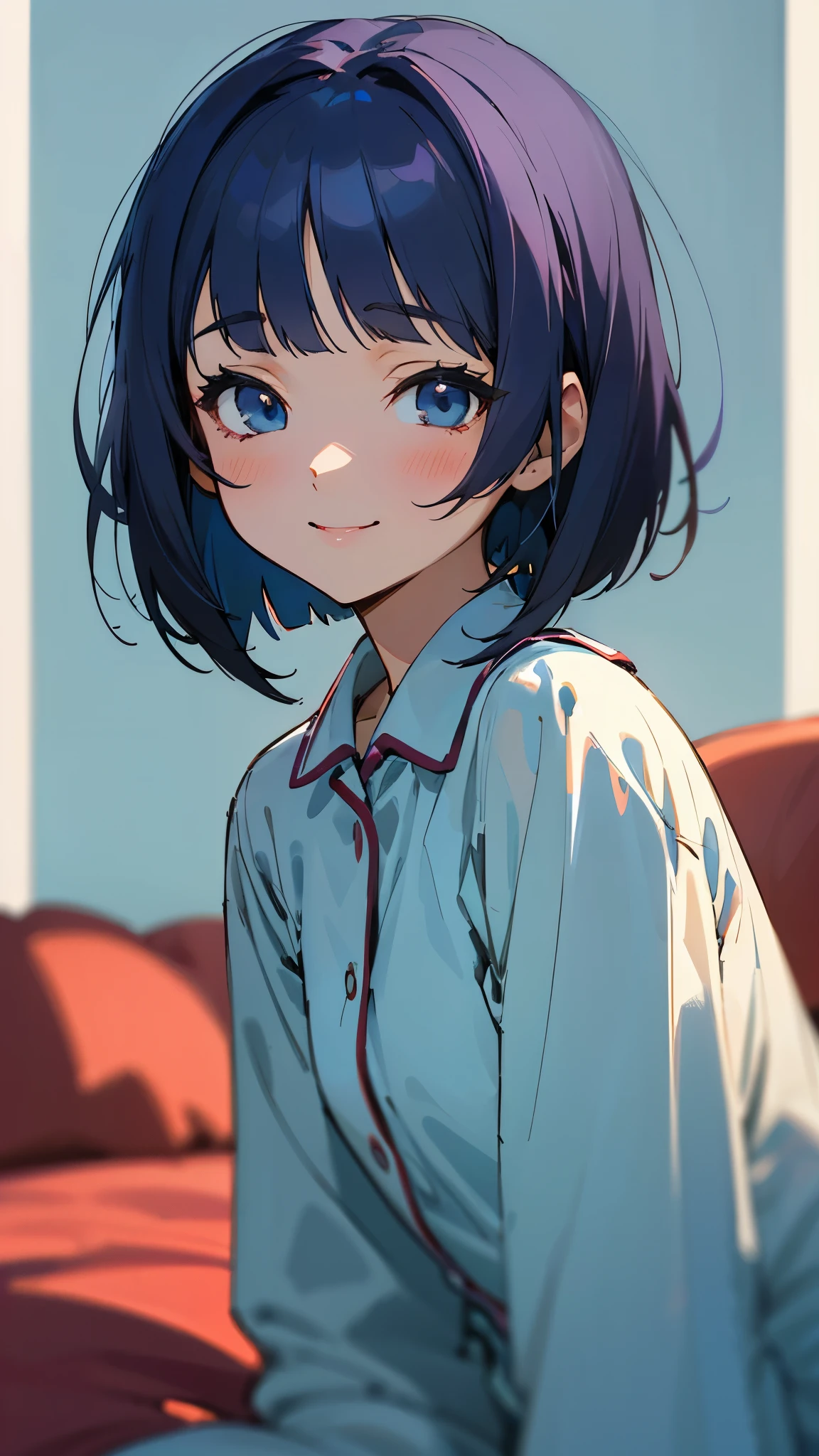 18-year-old girl sitting on bed、alone、Anime style painting、Wearing pajamas、Indigo Hair:1.3、Bobcut、smile、smile、The soft texture of pajamas、Upper body close-up、Black and blue colour scheme、Background Blur、Depth of the drawn border