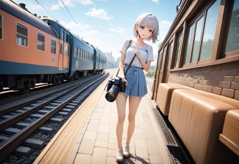 masterpiece, 最high quality, A girl and an old Japanese electric locomotive, similar to the EF58, next to her.、Suspenseful tensio...