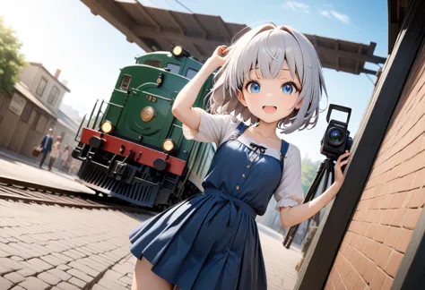 masterpiece, 最high quality, A girl and an old Japanese electric locomotive, similar to the EF58, next to her.、Suspenseful tensio...