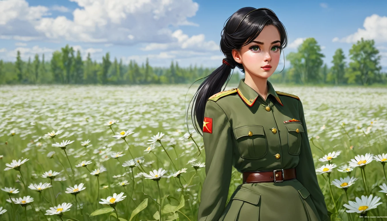 1 girl, One, Soviet military uniform, dynamic pose, Best quality, high quality, high resolution, masterpiece, looks away, turning away from the viewer, source: 1 girl, one, Soviet military uniform, Soviet cap, belt, black hair, ponytail hairstyle, emotions, skirt, green eyes, standing on a field of daisies