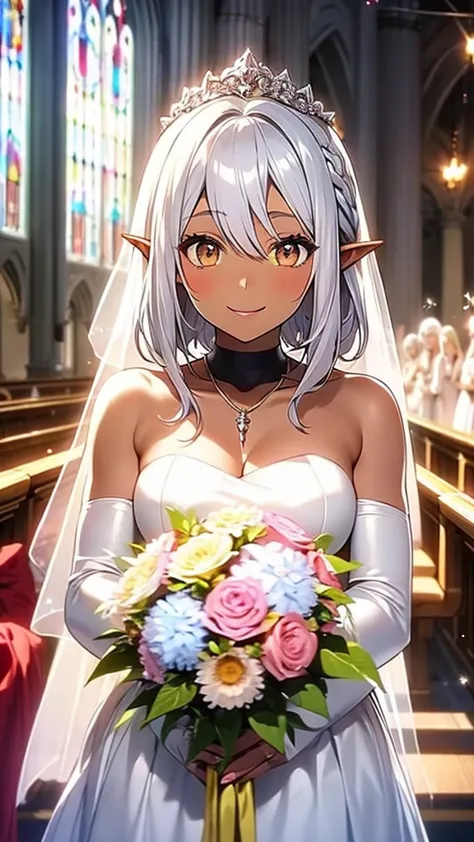 1 elf girl, dark skin, golden colored contacts, beautiful silver hair, bob hair, pointed ears, pink lips, white wedding dress, w...