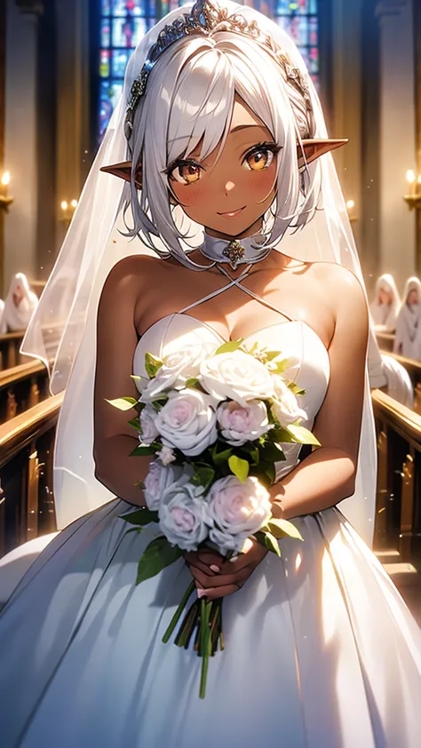 1 elf girl, dark skin, golden colored contacts, beautiful silver hair, bob hair, pointed ears, pink lips, white wedding dress, w...