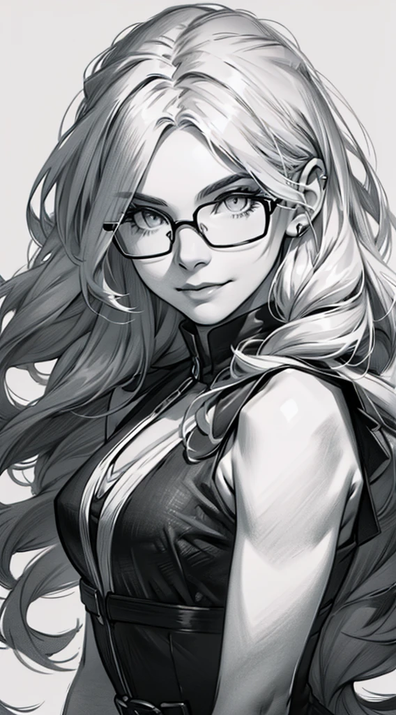 sketching，pencil drawing，Portrait of a Young Woman，longwavy hair，ssmile，Professional Dress，eye glass，Black and white picture，Black and white art，Black and white illustration，super-fine，Hair is carefully described，The eyes are carefully depicted，best qualtiy，8K resolution