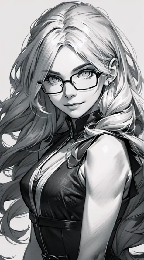 sketching，pencil drawing，Portrait of a Young Woman，longwavy hair，ssmile，Professional Dress，eye glass，Black and white picture，Bla...