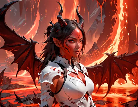 fantasy art, RPG art, masterpiece, a portrait picture o hellish female demon from hell, she has (black horns: 1.2), (black: 1.2)...