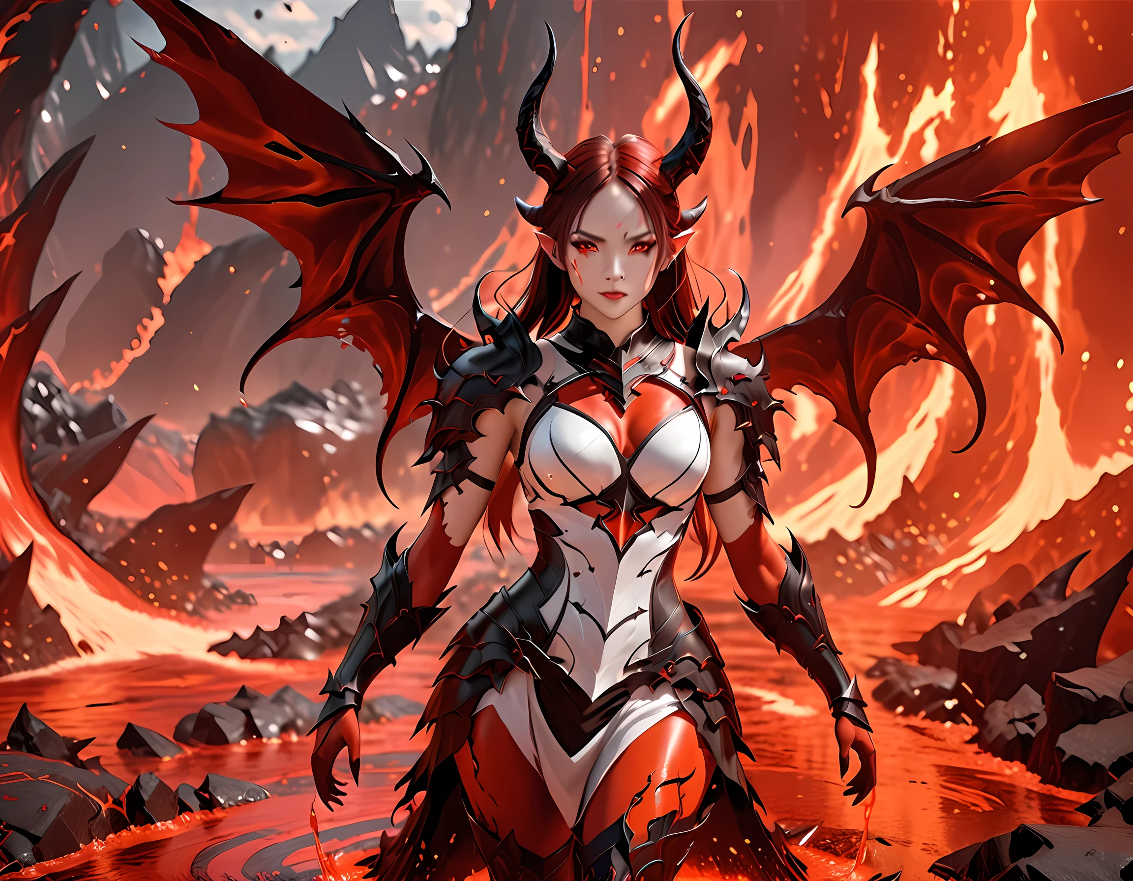 art fantastique, Art du RPG, chef-d&#39;œuvre, une photo de portrait o démon féminin infernal de l&#39;enfer, Elle a (noir horns: 1.2), (noir: 1.2) ailes de démon, (rouge: 1.3) peau, rouge lava dripping from her, Elle porte (blanc: 1.3) armure, hdsrmr, des ruisseaux de lave qui roulent, L’enfer en arrière-plan, Rendu 3D, ailes d&#39;ombre