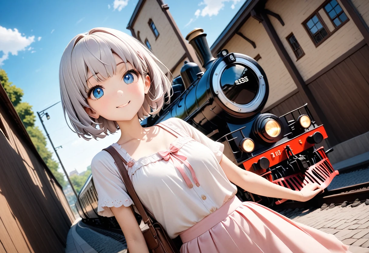 masterpiece, 最high quality, A girl and an old Japanese electric locomotive, similar to the EF58, next to her.、Suspenseful tension「an old electric locomotive」A composition in which a man approaches from behind a girl、Fisheye Lens、A girl in a wide-angle shot、sunlight, A dark navy blue sky with a gradation effect、A girl in the background、17 years old、 A cute face full of delicate and affectionate feelings、A happy look、Humorous images、Well-balanced eyes, nose and mouth、Baby Face, (Silver Hair)、A fantasy world where a girl stands next to a large, shabby building that looks like an old railroad shack, and a rugged, Violent, tiny person the size of a sesame seed coexist.、Huge old trains and electric locomotives、A single huge EF58-like light is dimly lit, like a stone on the side of the road. An old electric locomotive 、Approaching the girl from behind was an enormous EF58 train, ten times the height of the girl.、The world of old townscapes, full of rails and railroad crossings that never stop ringing、People like sesame seeds walking down the street、People like sesame seeds biting the girl、Highly detailed and surreal brick station building, platform、rail、Branching point、And the railroad crossing lights and signals flashing in the distance,A front view of the rails, platform and old electric locomotive blending into a wide-angle view of the horizon、Detailed face, , Clear focus, volumetric Fog, 8k , Large format SLR camera, high quality,, Wide-angle lens、It seems someone is having a conversation with the girl engine.。Who called her?？Yui the Electric Train？The girl with the face on the locomotive？
