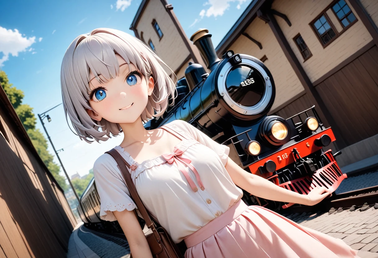 masterpiece, 最high quality, A girl and an old Japanese electric locomotive, similar to the EF58, next to her.、Suspenseful tension「an old electric locomotive」A composition in which a man approaches from behind a girl、Fisheye Lens、A girl in a wide-angle shot、sunlight, A dark navy blue sky with a gradation effect、A girl in the background、17 years old、 A cute face full of delicate and affectionate feelings、A happy look、Humorous images、Well-balanced eyes, nose and mouth、Baby Face, (Silver Hair)、A fantasy world where a girl stands next to a large, shabby building that looks like an old railroad shack, and a rugged, violent, tiny person the size of a sesame seed coexist.、Huge old trains and electric locomotives、A single huge EF58-like light is dimly lit, like a stone on the side of the road. An old electric locomotive 、Approaching the girl from behind was an enormous EF58 train, ten times the height of the girl.、railだらけで踏切の鳴りやまない古い町並みの世界観、People like sesame seeds walking down the street、People like sesame seeds biting the girl、Highly detailed and surreal brick station building, platform、rail、Branching point、と遠くまで行くrailと点滅してる踏切のランプや信号,地平線が見える広い視野のある景色に溶け込む正面から見るrailとホームと古い電気機関車、Detailed face, , Clear focus, Volumetric Fog, 8k , Large format SLR camera, high quality,, Wide-angle lens、It seems someone is having a conversation with the girl engine.。Who called her?？Yui the Electric Train？The girl with the face on the locomotive？