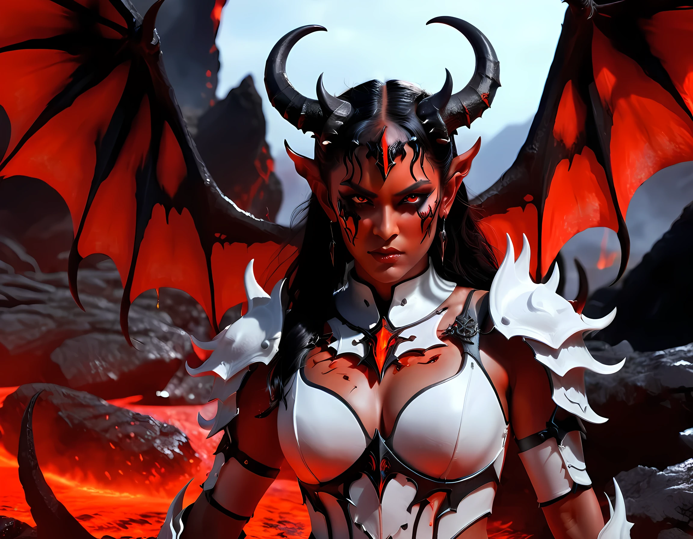 fantasy art, RPG art, masterpiece, a portrait picture o hellish female demon from hell, she has (black horns: 1.2), (black: 1.2) demon wings, (red: 1.3) skin, red lava dripping from her, she wears (white: 1.3) armor, hdsrmr, streams of rolling lava, hell in the background, 3d rendering, shadow wings