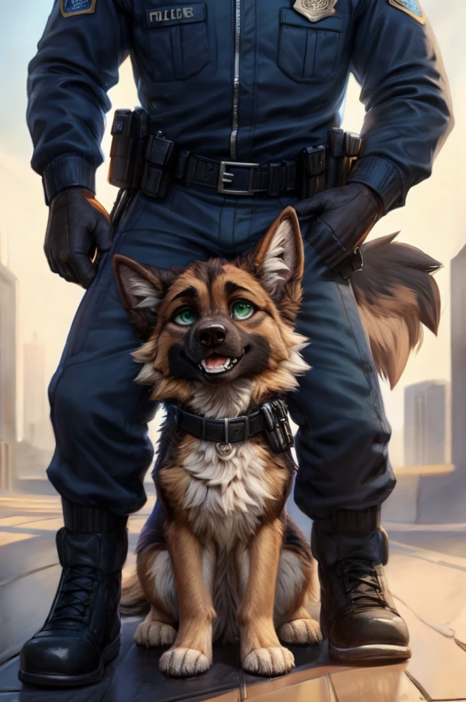 [D=" female, feral, slim, blue  dog's shirt with police department's logo, fluffy, german_shepard:1.15, cute, green eyes"]. D is standin between police manxs legs who's petting its neck, gets ready, masterpiece, breathtaking, superb linework, highly detailed, fine illustration, by hioshiru, by pixelsketcher, close to streetfloor shot