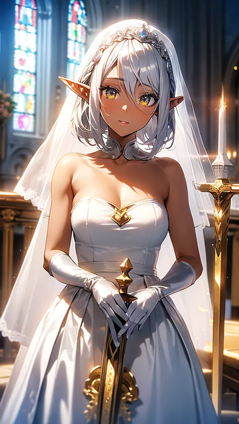 1 elf girl, dark skin, golden colored contacts, beautiful silver hair, bob hair, pointed ears, pink lips, white wedding dress, g...