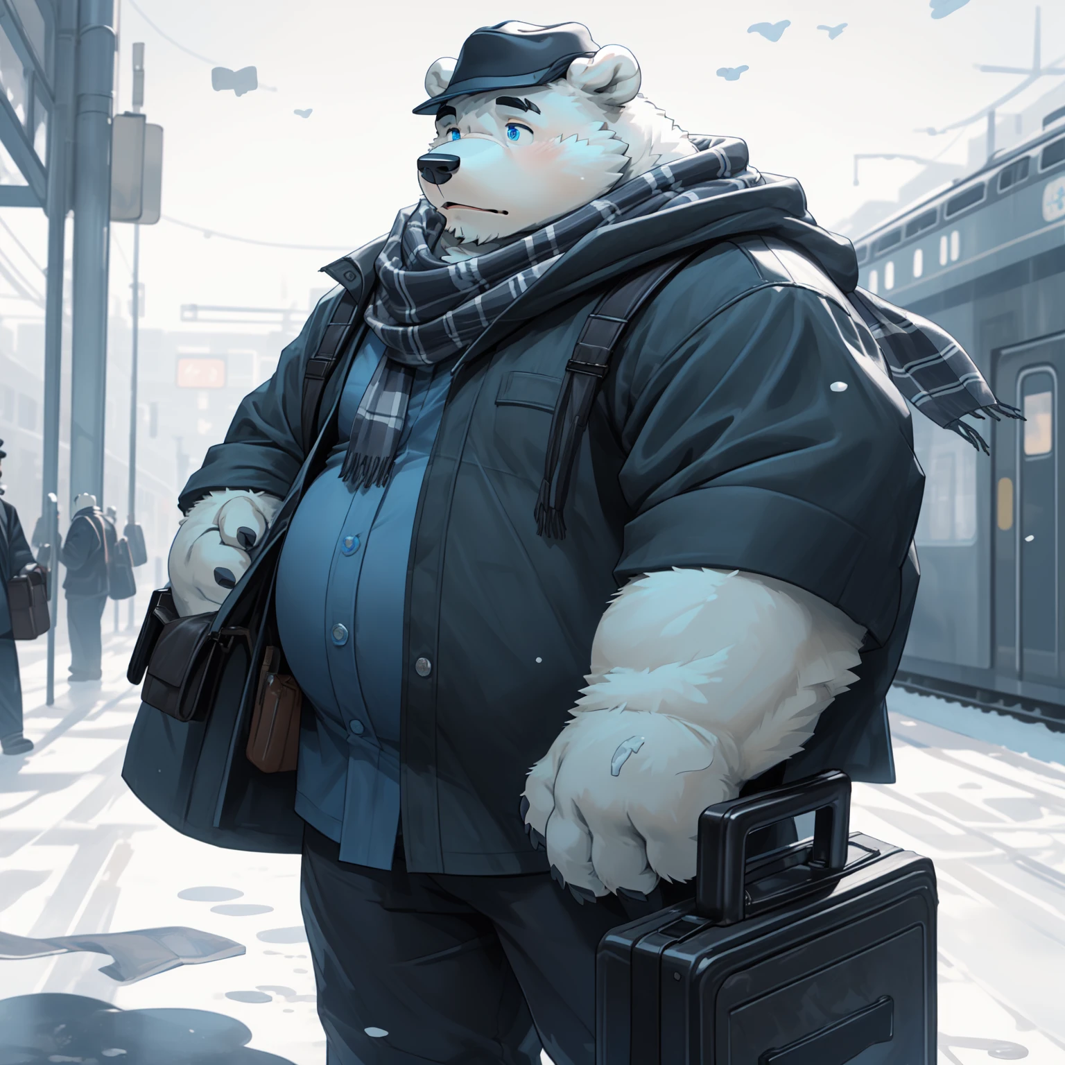 New Jersey 5 Furry,polar bear，portrait,Exquisite， Chubby，Fat，Thick arms，Rugged muscles，White plush fur，Chubby脸，Black eyebrows，Sky blue eyes，Beard，TRAIN STATION，Worn plaid shirt,Nylon pants, Patched hat，scarf，dust，Suitcase，In the melting mood，joy，standing solo