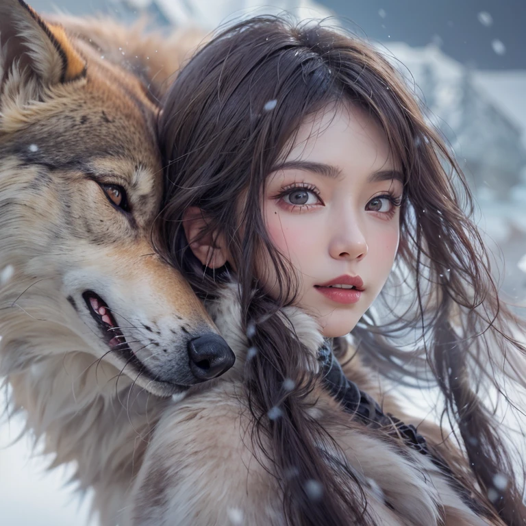 Hide in the snow mountain、Hair flows、 ((highest quality、masterpiece、8k、best image quality、ultra high resolution、Award-winning work)、(accurate anatomy:1.1)、(look at me and smile:1.1)、Shining fair skin with ultra high resolution、most detailed face、ultra high resolution detailed face、ultra high resolutionの髪の毛、(ultra high resolutionの煌めく瞳:1.1)、Beautiful face drawn in every detail、(blurred background:1.1)、ancient Inuit clothing, chest together, tattoo, Old ruins in the background、real wolf aside