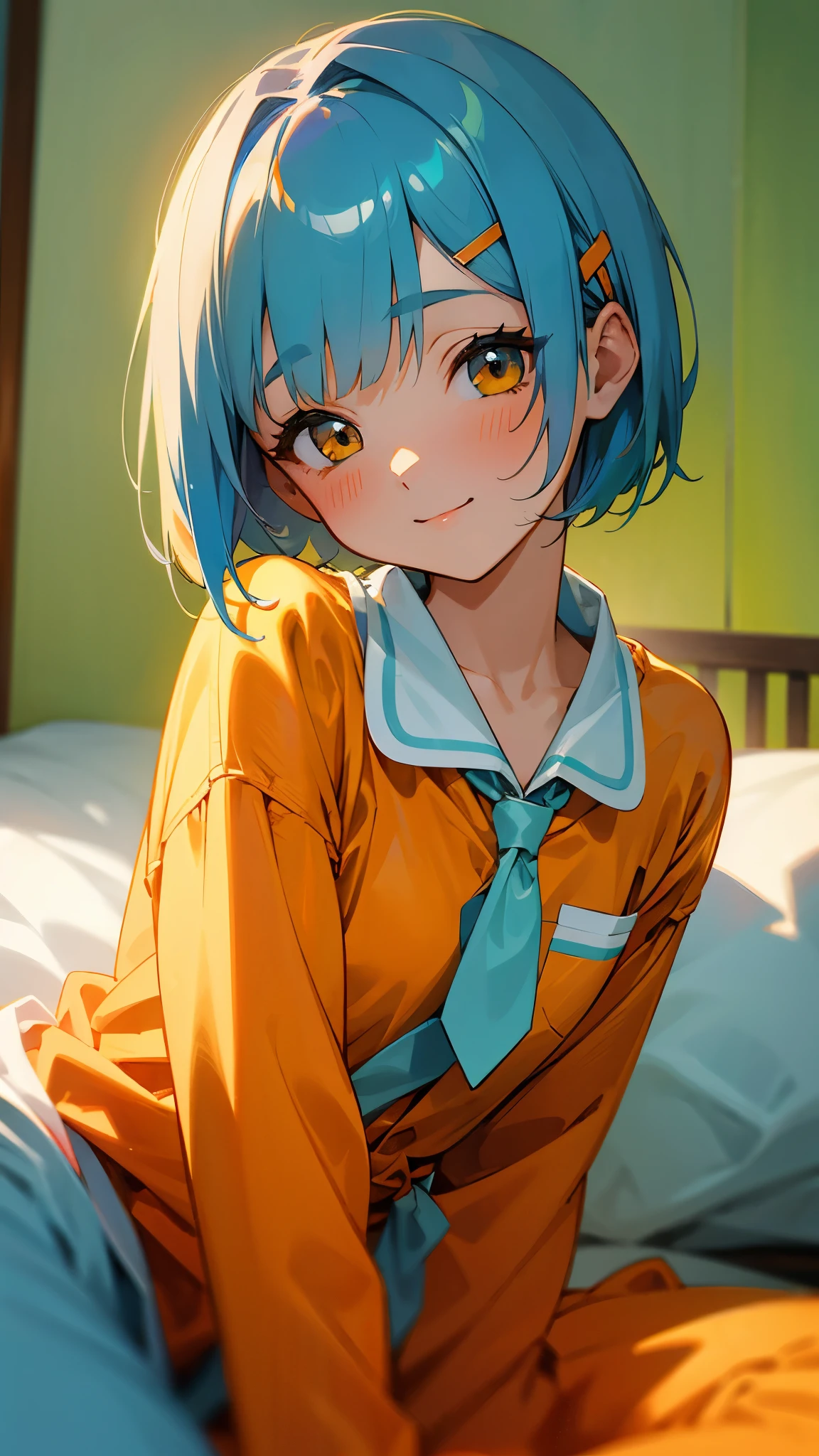 1 niña sentada en la cama、alone、Pintura estilo anime.、usando pijamas、camarón、Cabello azul claro brillante、Peinados Bob Cortos、Ata tu cabello con una pinza naranja.、hermosos ojos marrones、sonrisa、sonrisa、La suave textura del pijama、Primer plano de la parte superior del cuerpo、Colores naranja y verde、Desenfoque de fondo、Profundidad del borde dibujado