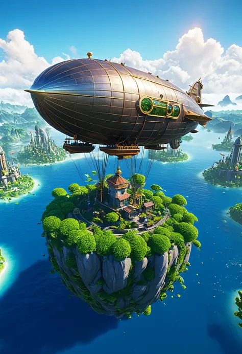 Many islands are floating in the air、A small airship is flying around。, City, Fantasy, A magical plant grows, Extreme Detail, Re...