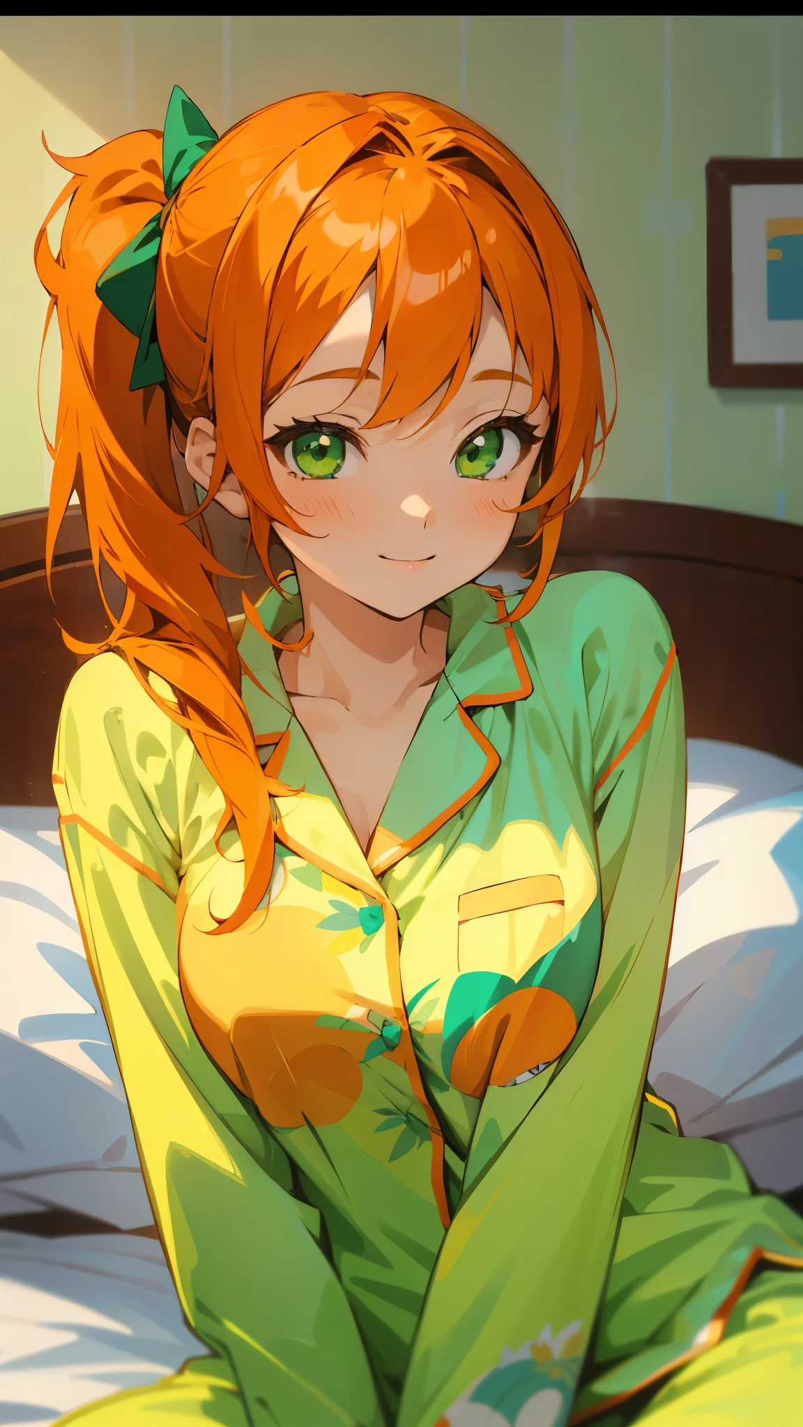 Chica de 18 años sentada en la cama、alone、Pintura estilo anime.、usando pijamas、pelo naranja、hermosos ojos verdes、cola de caballo lateral、sonrisa、sonrisa、La suave textura del pijama、primer plano de la parte superior del cuerpo、Colores naranja y verde、Desenfoque de fondo、Profundidad del borde dibujado