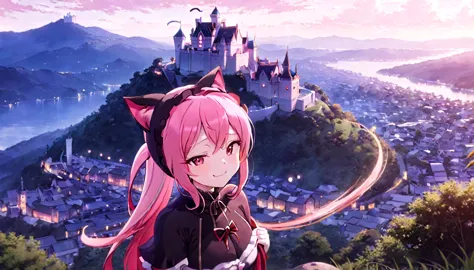 kawai anime girl looking at the horizon with a castle floating in the distance and people in the distance with powers, pink hair...