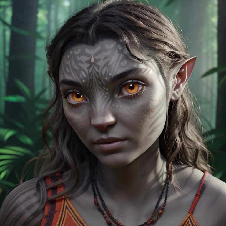 avatar style, portrait:1.6, 1girl, female, (glowing orange eyes), pointy ears, (gray skin tone:1.0), (wavy hair:1.2), black hair color, (young adult), 18 years old:1, face wrinkles, wearing tribal clothing, (wearing a top), detailed eyes, toned body, muscled body, vibrant colors, glowing, ethereal atmosphere, surrealistic dreamy lighting, textured skin, otherworldly beauty, mesmerizing photography, (best quality, highres), vivid colors, ultrarealistic, skin details, striped skin, sfw, face close-up:0.5, ultradetailed body, ((gray skin))
