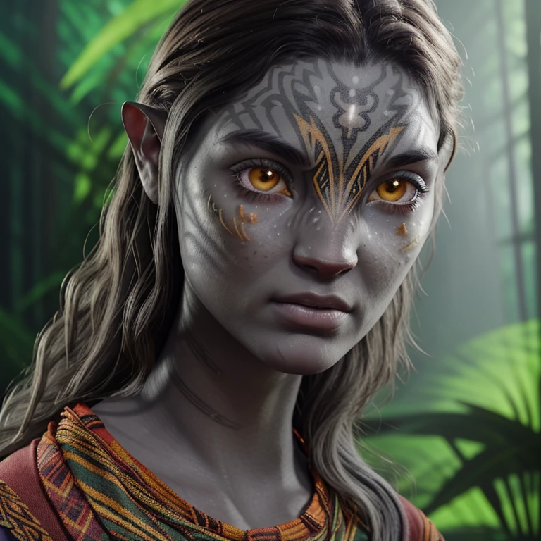 avatar style, portrait:1.6, 1girl, female, (glowing orange eyes), pointy ears, (gray skin tone:1.0), (wavy hair:1.2), black hair color, (young adult), 18 years old:1, face wrinkles, wearing colorful tribal clothing, (wearing a tribal top), detailed eyes, toned body, muscled body, vibrant colors, glowing, ethereal atmosphere, surrealistic dreamy lighting, textured skin, otherworldly beauty, mesmerizing photography, (best quality, highres), vivid colors, ultrarealistic, skin details, striped skin, sfw, face close-up:0.5, ultradetailed body, ((gray skin))