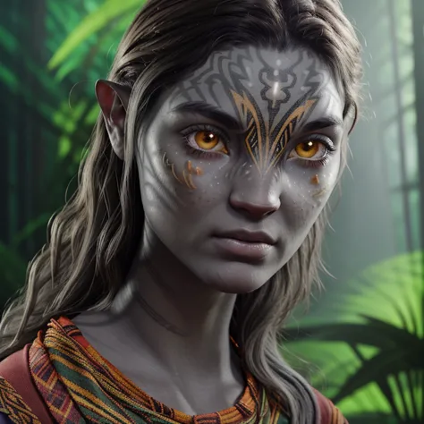 avatar style, portrait:1.6, 1girl, female, (glowing orange eyes), pointy ears, (gray skin tone:1.0), (wavy hair:1.2), black hair...