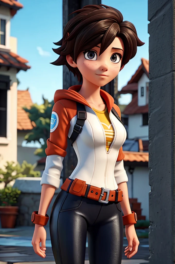 Tracer, tracer from overwatch, wearing tight clothes, in sunny day , wet, wet clothes, noticable body, nipples, cute, sexy, hot, sweaty, masterpiece, best quality,