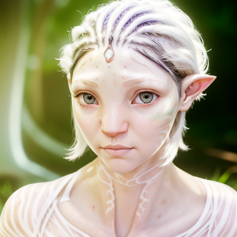 avatar style, (face portrait:1.4), 1girl, female, (AvTsireya), glowing red eyes, pointy ears, (white skin tone:1.0), (curly hair:1.0), white blonde hair color, ((bobcut hair)), (young adult), 18 years old:1, face wrinkles, wearing tribal clothing, (wearing a top), detailed eyes, toned body, muscled body, vibrant colors, glowing, ethereal atmosphere, surrealistic dreamy lighting, textured skin, otherworldly beauty, mesmerizing photography, (best quality, highres), vivid colors, ultrarealistic, skin details, striped skin, sfw, face close-up:0.5, ultradetailed body, ((white skin)), ((albino)), albinism