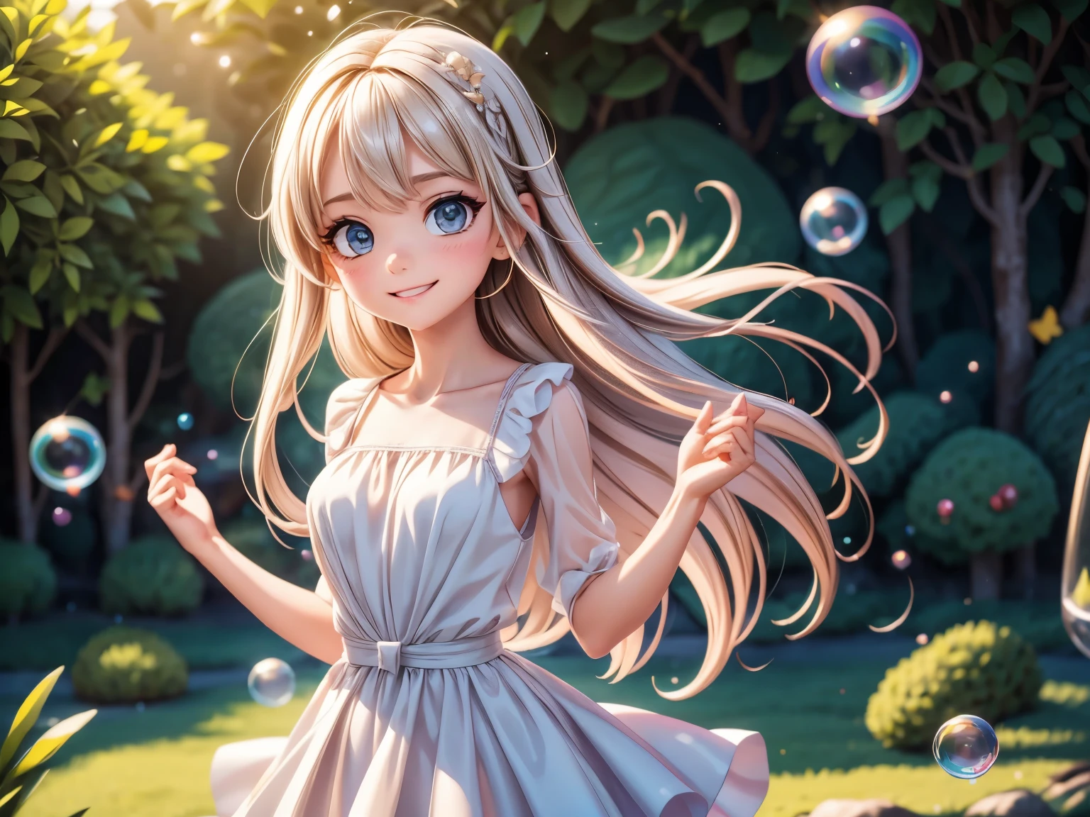 A little girl dancing with soap bubbles,illustration,Soft colors,soft light,high resolution,Super detailed,best quality,portrait,fantasy,Charming atmosphere,floating dress,Beautiful and delicate eyes,Flowing long hair,Slender fingers,Fantasy Background,Detailed background subtle glow,Ethereal theme,lively movement, Octane Render