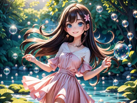A little girl dancing with soap bubbles,illustration,Soft colors,soft light,high resolution,Super detailed,best quality,portrait...
