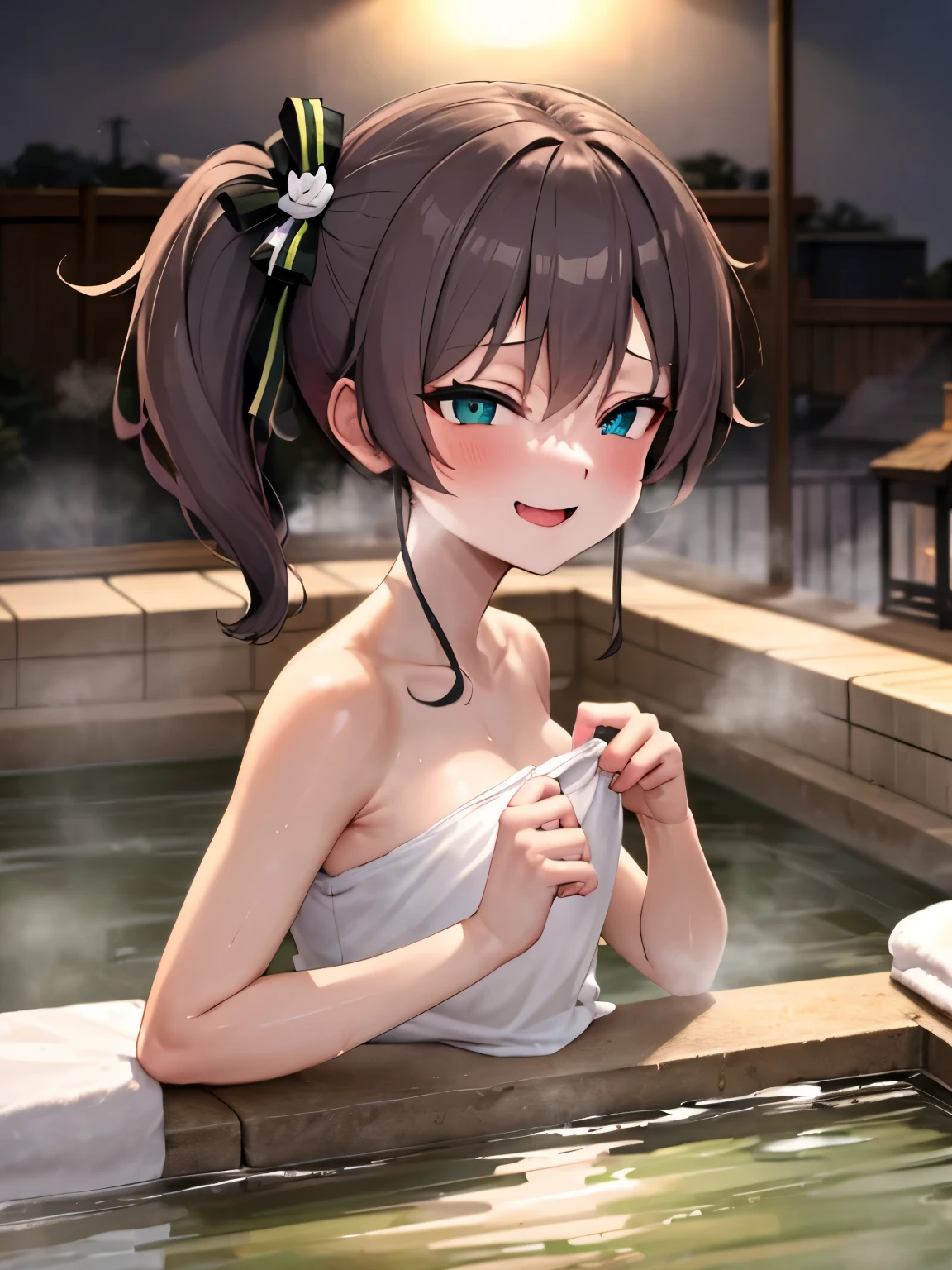 Anime girl in a hot tub with a cell phone - SeaArt AI