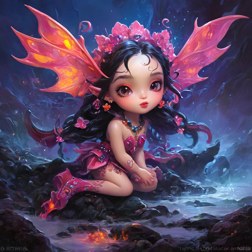 Cute Lava Demon illustrated by Roby Dwi Antono and Jasmine Becket-Griffith, sparkling eyes nestled in a magical landscape, bright colors, fairy-like yet outlandish creature invoking smiles, enchanting charm, play of light and colors highlighting every nuance, neon ambiance, abstract black oil elements and detailed acrylic textures, grunge touches for intricate complexity, Unreal Engine render, photorealistic.