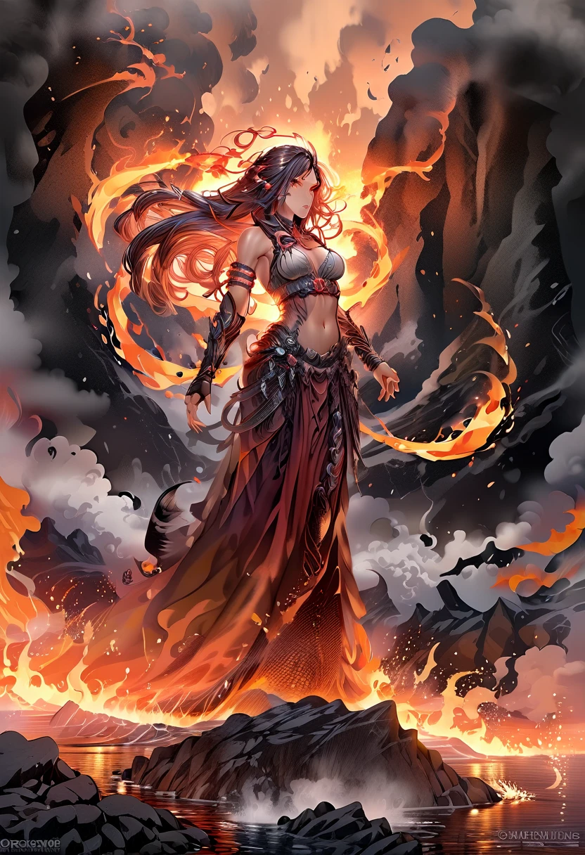Dark fantasy, full body, back view, dynamic view, light twilight effect, HD quality, lava demon girl, large burning horns, long mane of flames, flaming eyes, sculptural body, female colossus, rock scale skin, wings of flames, a flaming lava lake at the foot of an erupting volcano, lots of smoke and flaming rain,