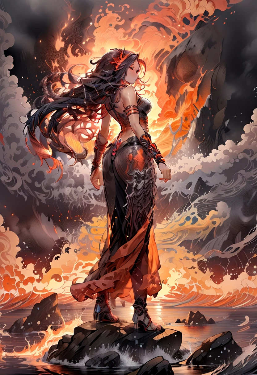 Dark fantasy, full body, back view, dynamic view, light twilight effect, HD quality, lava demon girl, large burning horns, long mane of flames, flaming eyes, sculptural body, female colossus, rock scale skin, wings of flames, a flaming lava lake at the foot of an erupting volcano, lots of smoke and flaming rain,