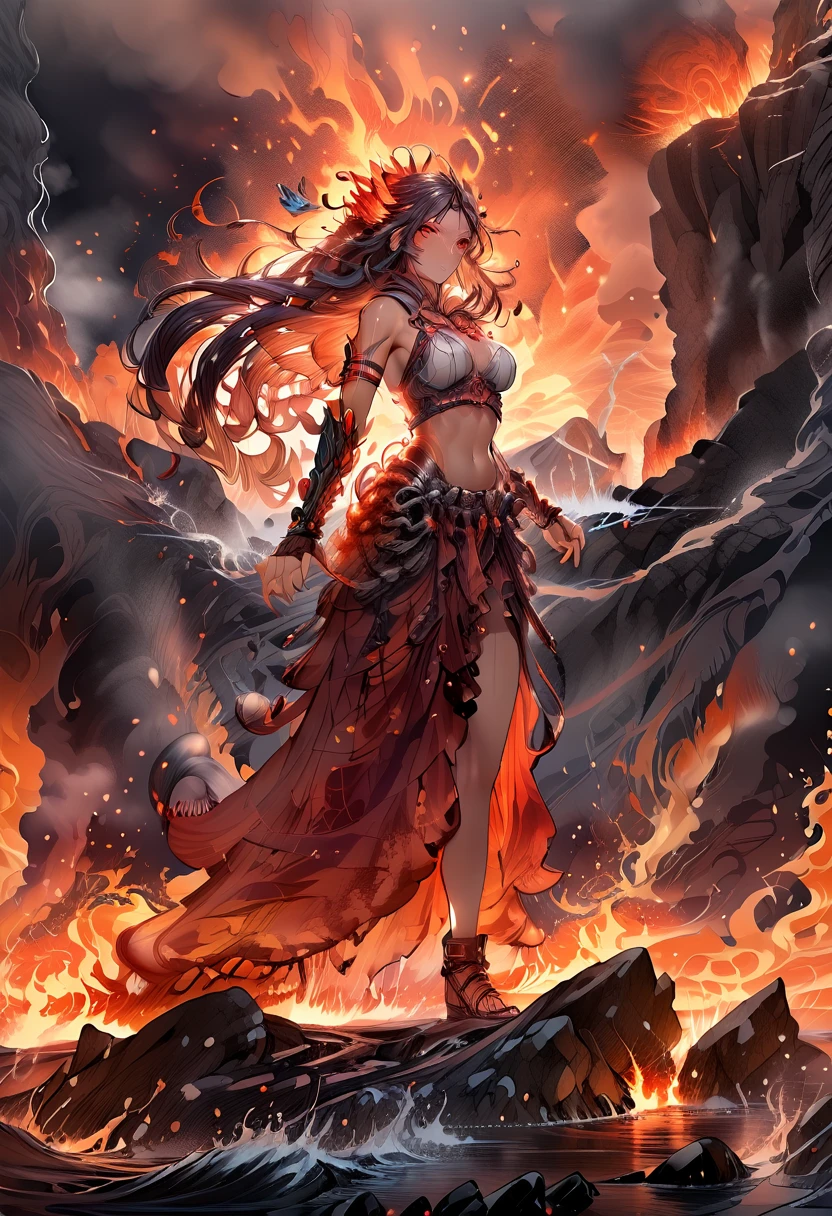 Dark fantasy, full body, back view, dynamic view, light twilight effect, HD quality, lava demon girl, large burning horns, long mane of flames, flaming eyes, sculptural body, female colossus, rock scale skin, wings of flames, a flaming lava lake at the foot of an erupting volcano, lots of smoke and flaming rain,