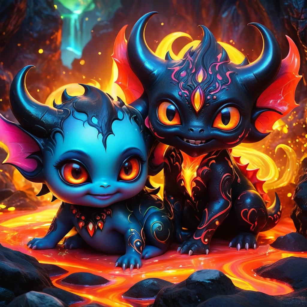 Cute Lava Demon illustrated by Roby Dwi Antono and Jasmine Becket-Griffith, sparkling eyes nestled in a magical landscape, bright colors, fairy-like yet outlandish creature invoking smiles, enchanting charm, play of light and colors highlighting every nuance, neon ambiance, abstract black oil elements and detailed acrylic textures, grunge touches for intricate complexity, Unreal Engine render, photorealistic.