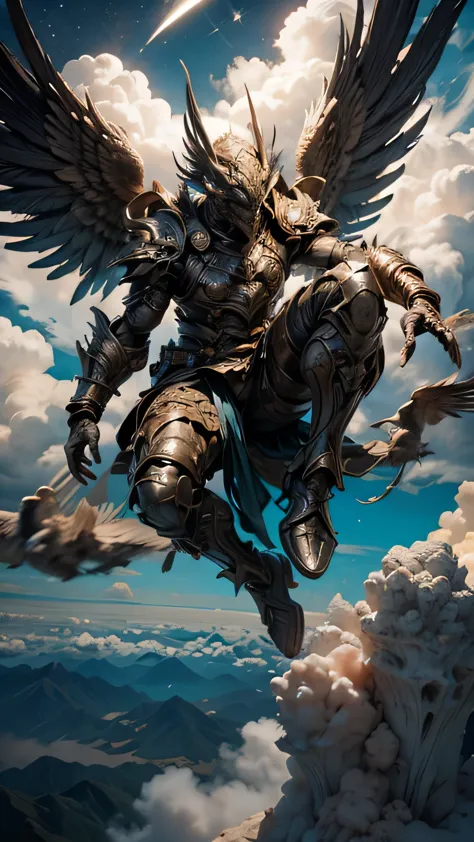 Garuda, (Bird Head:1.3), Very hairy body, Huge body, (Bird talons:1.2), Luxurious Armor, Dynamic pose, Cinematic lighting effect...