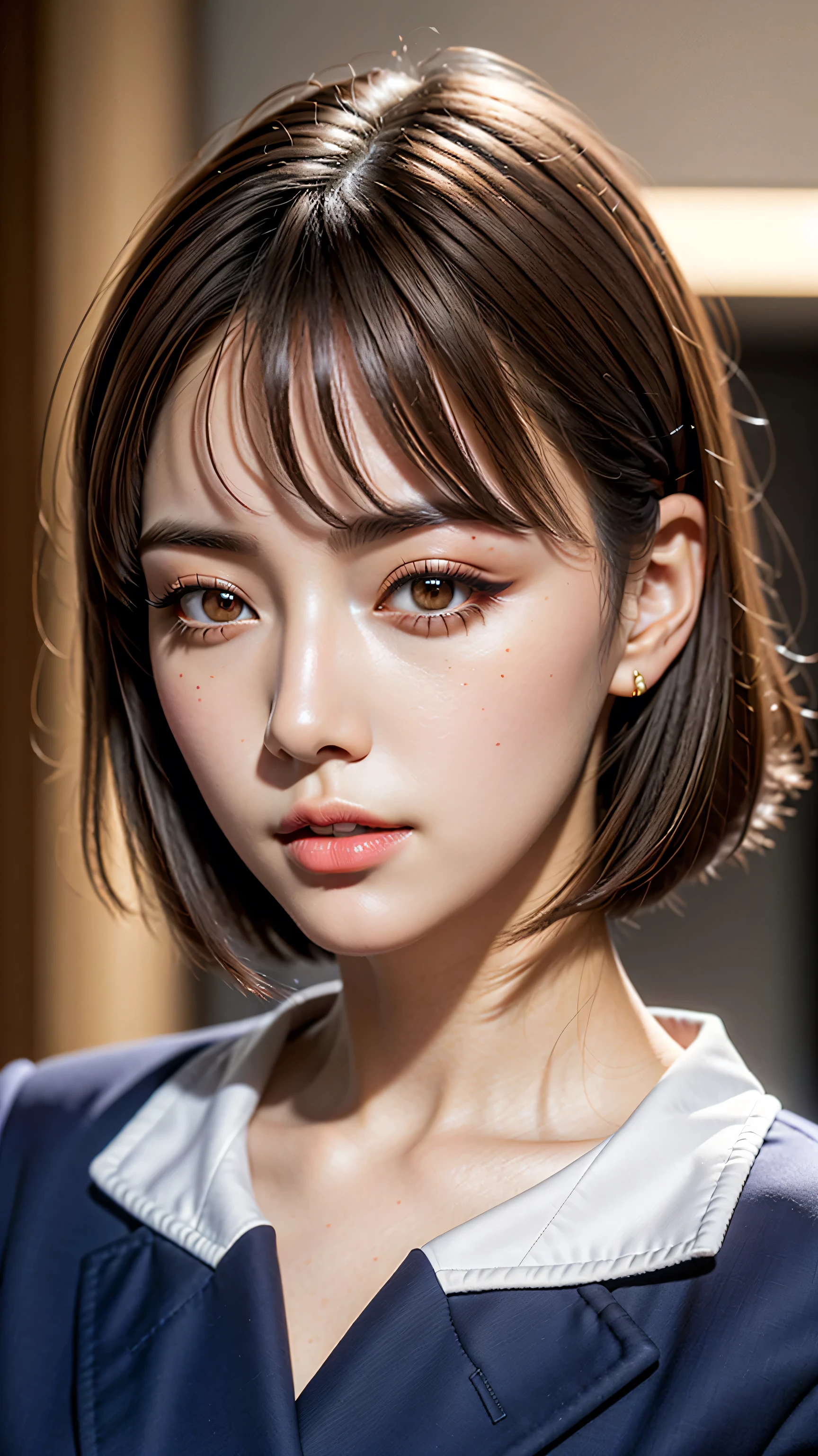 Generated in SFW, (1 Female:1.37), ((extremely Detailed sharp-portrait:1.2)), (close up of her face), Looking at the viewer, Plump Cheeks, Supermodel, 17 years old, high school girl, (Ultra realistic), ((photorealistic)), ((Sharp Focus)), (highest resolution), (the most absurd quality), (masterpiece), (Illustration), 32K, (Best Illustration), (Improvement of quality:1.4), (high detailed realistic Super beautiful face), (Highest quality realistic skin texture:1.4), (Perfect Anatomy:1.37), very small head, Very small face, The background is a black wall:1.15, (school uniform, :1.05), (Navy blue long sleeve blazer:1.37), (White collared blouse shirt:1.3), (Line pattern tie:1.21), (Navy Check Skirt:1.1), Slim figure, Tight waist, (best highest detailed realistic brown_eyes:1.4), ((super realistic sharp-eyes)), (tired and sleepy and satisfied:0.0), ((close up of a woman's eyes:1.2)), perfect round eyes, finely detailed pupils, Thin lashes, Sharpen your eyebrows, Natural Makeup, [Pink lipstick], (Beautiful Lips:1.33), (Great nose:1.2), (Flat Chest), (Slim lower body), Shiny brown hair, Let your bangs hang long, (Short Hair:1.21), Movie Lighting, 