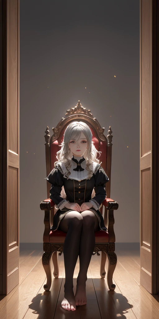 (masterpiece, best quality, glistening, shiny, glowing light, HDR, depth of field, perfect face, detailed face, detailed eyes, 8k, HD, ray tracing, perfect lighting, ultra detailed, shiny eyes, detailed hair, glowing eyes) 1girl, shiny skin, yellow eyes, pale skin, long wavy silver hair, sitting, Victorian chair, black asymmetrical clothing, black pantyhose, highly detailed feet, toes, foot focus (cinematic lighting, intricate details, ambient light, light particles, dramatic shadows, very detailed, high resolution, sharp, dynamic pose, dynamic angle)