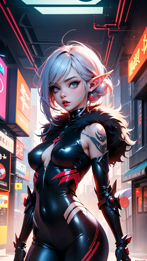 There is futuristic sreet in the middle of it stand beautiful elf female, she have green eyes, long pointy ears with lot of piercing, juicy red lips and daek purple eye shadows, her hair is bloody red , she dressed in lomg sexy dress with fur, She have cyb...