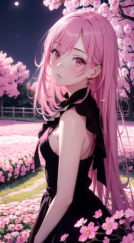  (傑作:1.2),(美しい顔を持つアニメ風の女の子:1.2), ピンクの花が咲き乱れる公園に立つ,景色は月明かりに照らされている,画像に深みを加える,浅い焦点を使用する、少女とその周囲を強調する, 背景が柔らかくぼやけている,シーンにドラマチックで象徴的な要素を追加します,黒とピンクの衣装,ピンクの長い髪,ピンクの魔法の光,美しい少女, 真っ赤な目