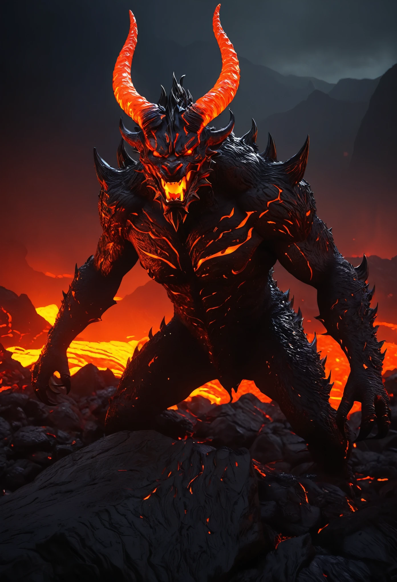 (best quality,4k,8k,highres,masterpiece:1.2),ultra-detailed,demon with lava skin,fiery red and orange color palette,glowing eyes,sharp teeth,spiky horns,lava flowing from its body,towering over the landscape,molten rocks and fire in the background,eerie atmosphere,horror art style,dark shadows,ominous lighting