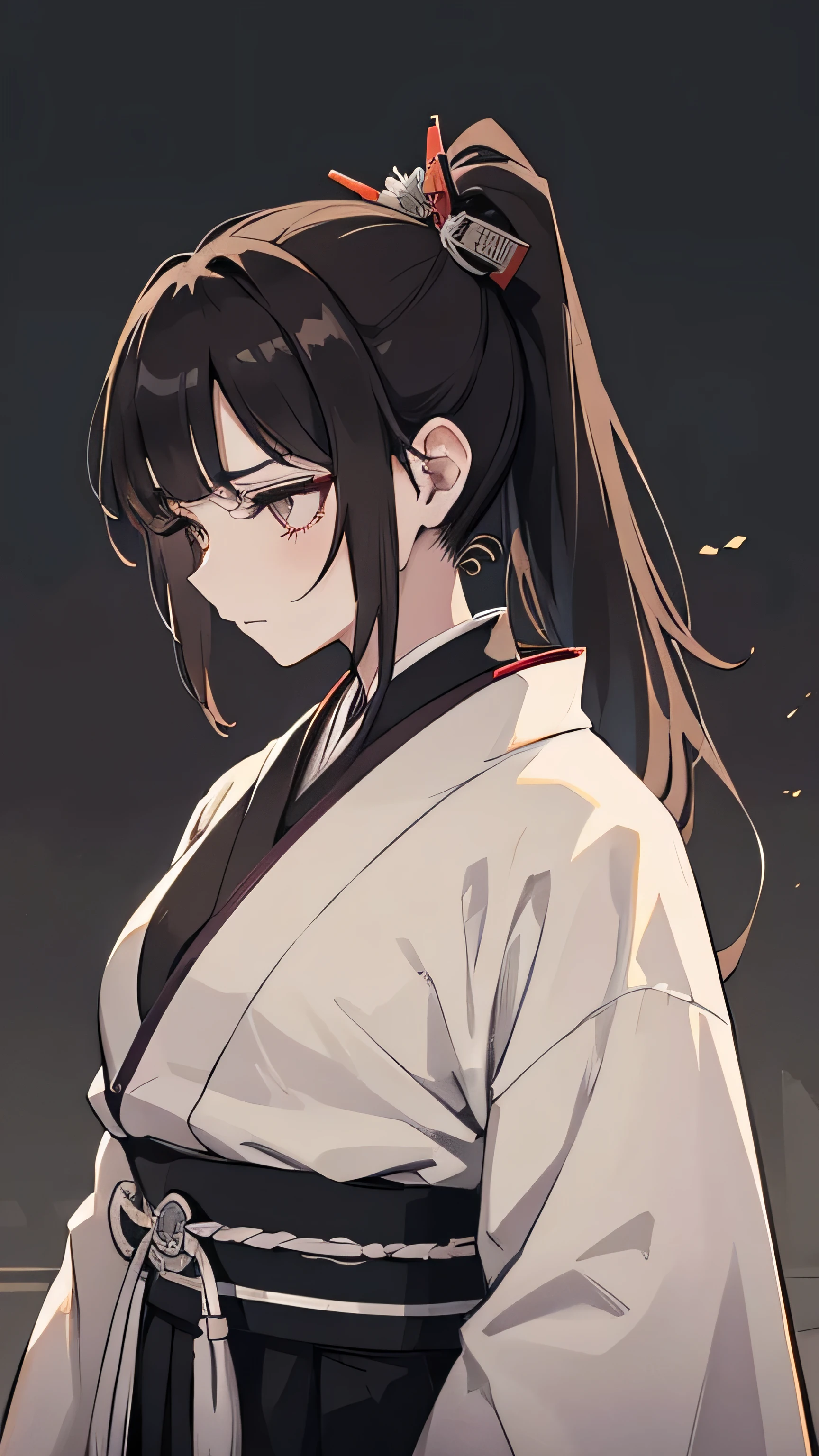 taisho period Japan woman, grunge aesthetic, eerie moorlands behind her, eerie thriller aesthetic, moody aesthetic, ominous, gloomy style, medium length light brown hair, ponytail, kimetsu no yaiba, white kimono, black haori, archerer, strong woman, tomboy, sarashi, bow and arrow, demon slayer