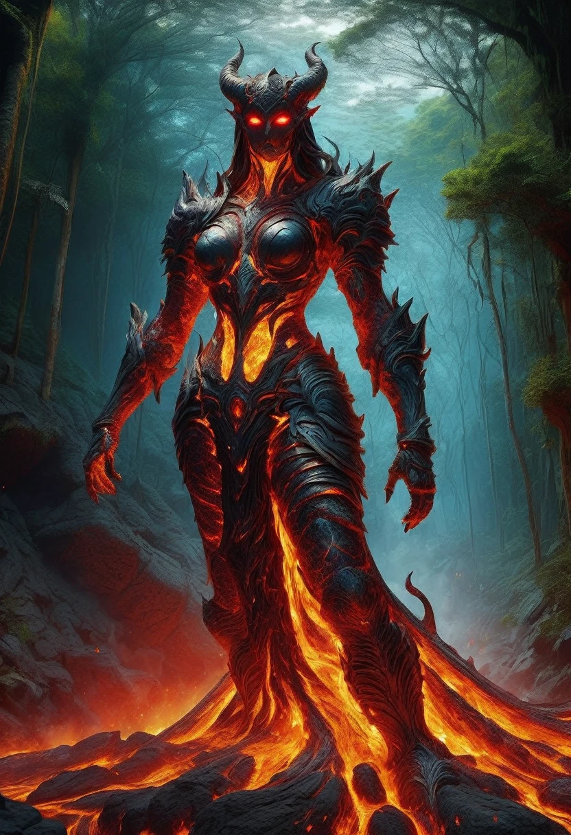 Lava Demon, ral-lava, LavaRay, Demon made entirely of lava, (best quality, highres, ultra-detailed:1.2), intense, fiery, and fearsome Lava Demon, glowing red eyes, sharp fangs and claws, towering over the landscape, surrounded by swirling magma, molten rivers flowing in the background, emitting a sinister glow, smoke billowing from its nostrils, an aura of pure heat and destruction, devilish horns adorned with lava drips, an otherworldly entity emerging from the depths of the Earth's core, surreal and menacing, in the style of dark fantasy art, with vibrant colors and high contrast, cast in a hellish color palette.