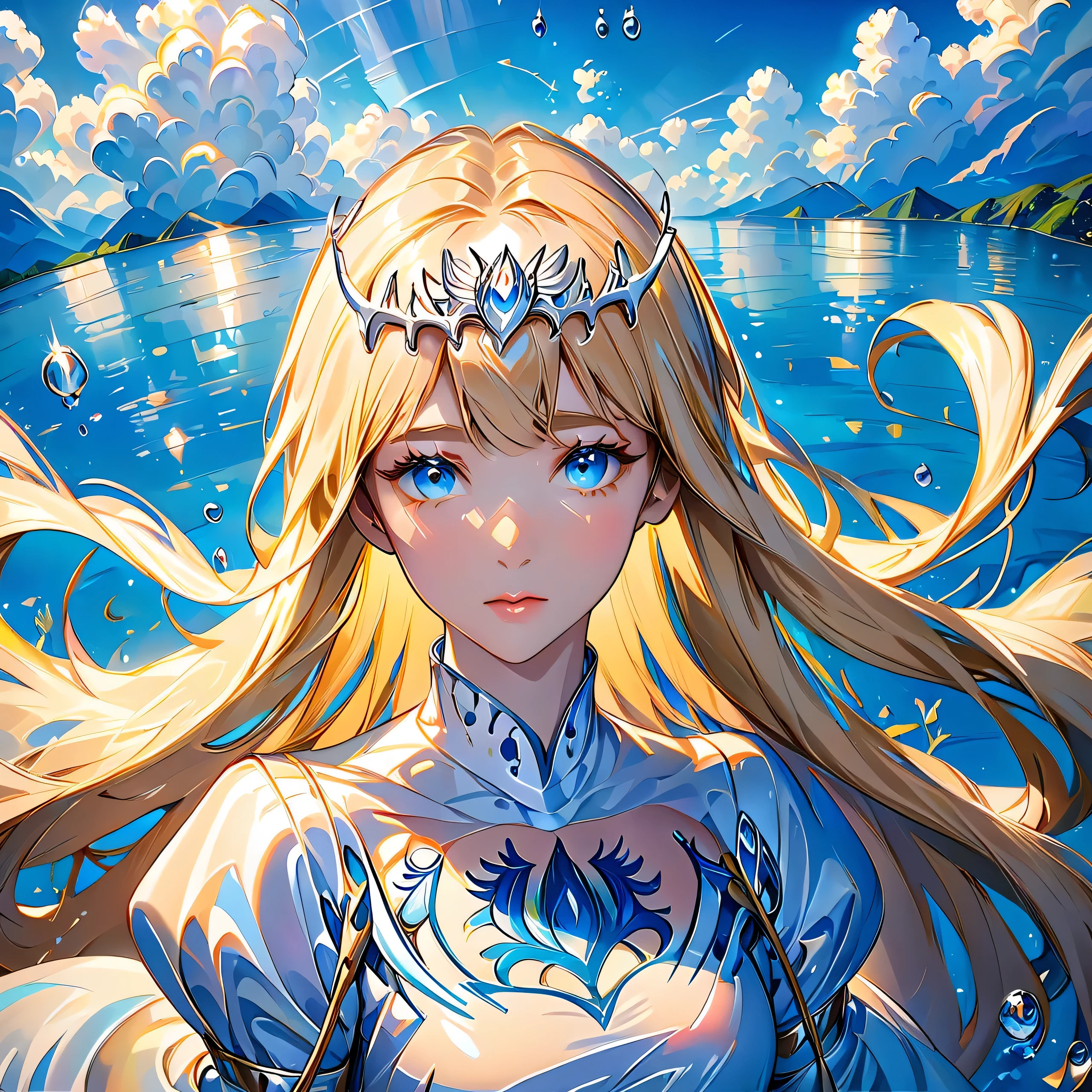 a girl swims underwater,hyper detailed render style,glow,yellow,blue,brush,surreal oil painting,shiny eyes,head closeup, exaggerated perspective,tyndall effect, water drops, mother of pearl iridescence, holographic white, beautiful background, 1girl, solo, Calca, Calca Bessarez, blonde hair, extremely long hair, very long hair, white tiara, silver tiara, white dress, blue eyes, medium chest