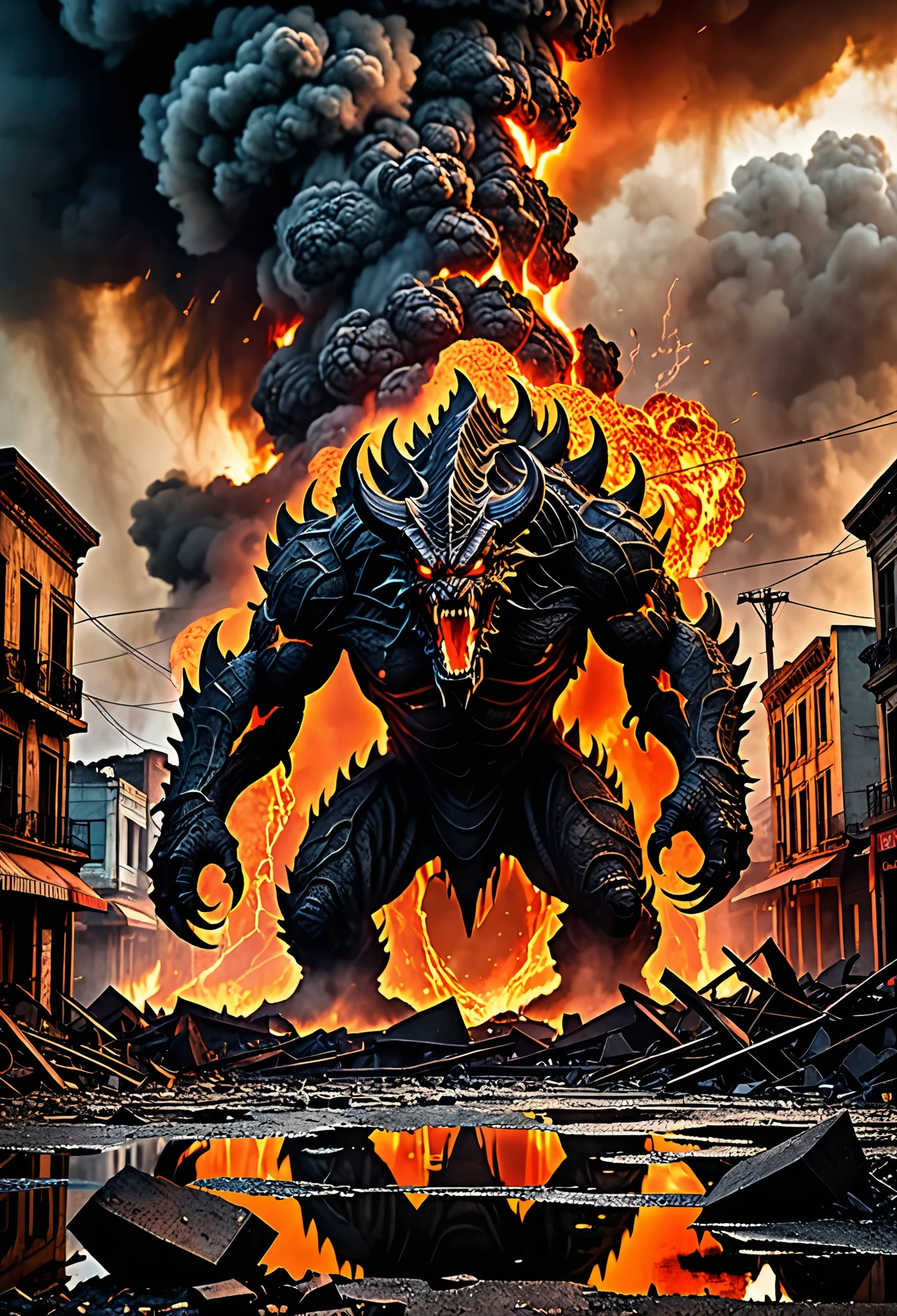 (best quality,4k,8k,highres,masterpiece:1.2),ultra-detailed,(realistic,photorealistic,photo-realistic:1.37),huge Lava Demon in ruined city from below,crumbling buildings,smoke-filled sky,scorching lava,fiery red and orange colors,molten rocks and ashes,flickering firelight,dark shadows,demonic horns and fangs,scaly and intimidating skin,ominous aura,collapsed bridges and structures,burning embers and sparks,demonic eyes glowing with intense heat,destruction and chaos,apocalyptic atmosphere,spreading heatwaves,distant screams echo in the background,fiery breath illuminating the surroundings,dramatic and dynamic composition,imposing and powerful presence,ominous clouds swirling above,desolate and abandoned streets,ominous cracks on the ground,snarling and roaring,devastation and ruins,captivating and epic scene,impressive scale and details,post-apocalyptic horror,intense and menacing expression