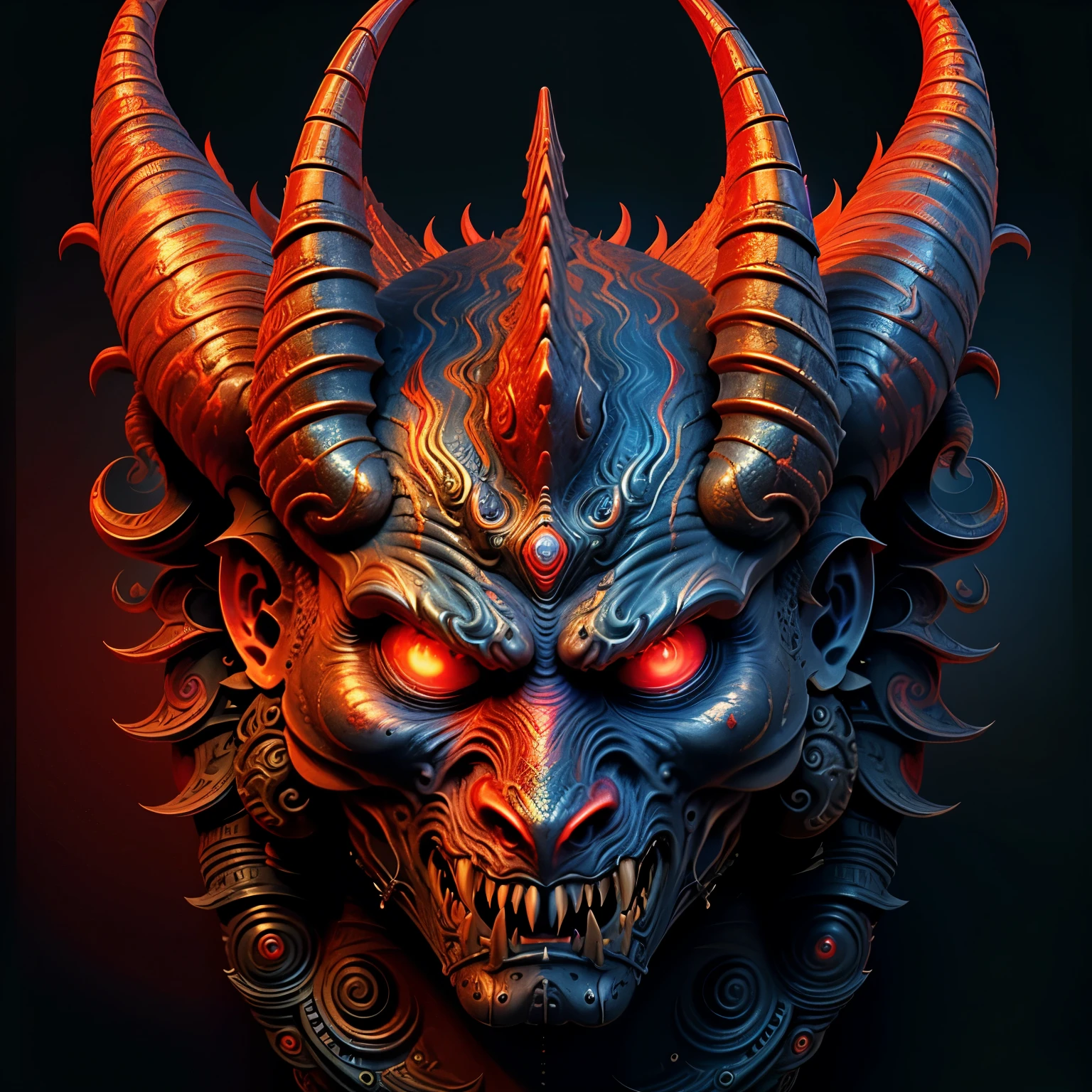 (best quality,4k,8k,highres,masterpiece:1.2),Lava Demon,A w44p3n of a blue and red silver demon in front of a black background, opulent, 4K, insanely details,lava background