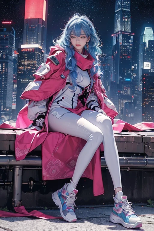 highest quality, Very detailed, masterpiece, 1 person,woman,(((完璧なwomanの体))),Very beautiful face, Very beautiful body,Gentle expression, Very beautiful eyes,(Perfect Makeup:1.1),Fashion Model,Cyberpunk Fashion,Curly Hair,Shaggy Hair,Fluorescent pink and blue hair:1.3, Very thin body,Smart Abs, (((Various patterns,Gradation,Spacesuit))),Two-tone high-top sneakers,A kind smile,Full body portrait,(Cyber City Background), (Shiny skin),(Earrings),Seesul,Long scarf,long shawl,