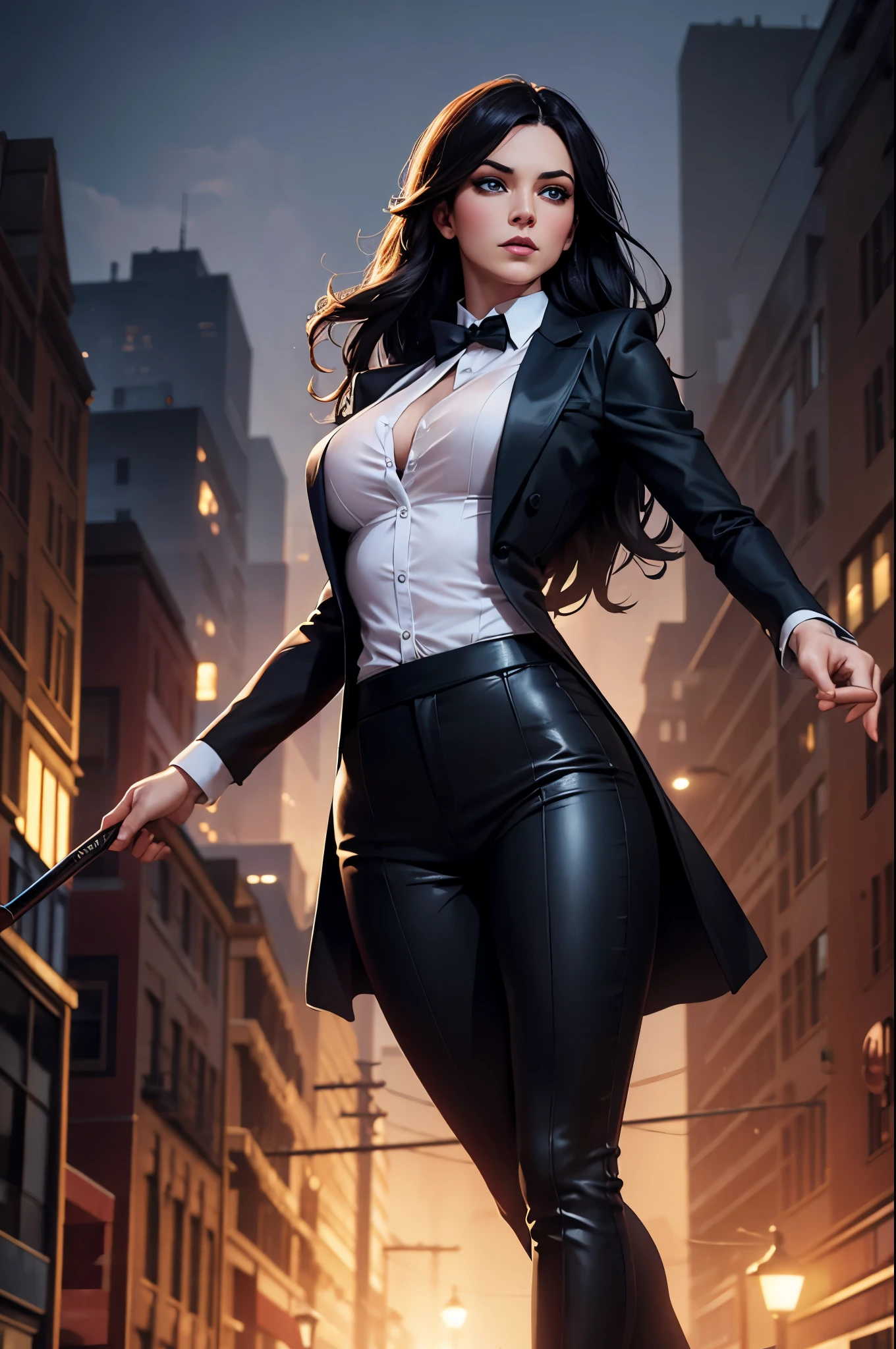 magician zatanna zatara, white shirt, black pants, confident expression, stage magician style, dramatic lighting, cityscape in the background, mysterious atmosphere. (best quality, highres), fit body, red shoes, blue eyes, no hat, black wand