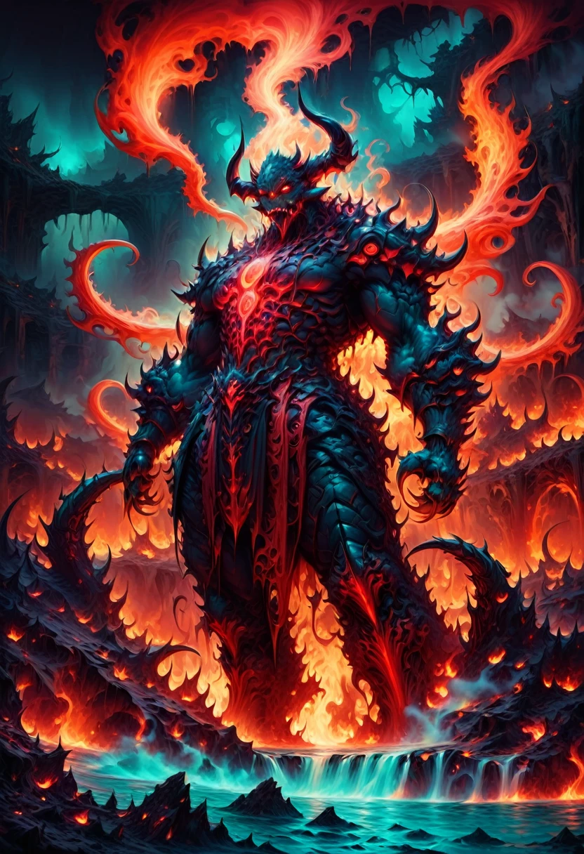 Lava Demon, ral-lava, LavaRay, Demon made entirely of lava, (best quality, highres, ultra-detailed:1.2), intense, fiery, and fearsome Lava Demon, glowing red eyes, sharp fangs and claws, towering over the landscape, surrounded by swirling magma, molten rivers flowing in the background, emitting a sinister glow, smoke billowing from its nostrils, an aura of pure heat and destruction, devilish horns adorned with lava drips, an otherworldly entity emerging from the depths of the Earth's core, surreal and menacing, in the style of dark fantasy art, with vibrant colors and high contrast, cast in a hellish color palette. aesthetic