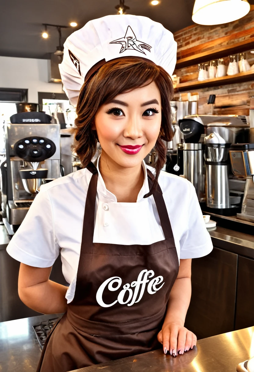 Solo, Female Mascot, Star Butts Coffee Logo, (round shape with a star design), (wearing a barista uniform with an apron and a coffee bean hat), (big, striking, and expressive eyes with a twinkle of happiness), (holds a steaming cup of coffee with one hand), (by Hioshiru, by Bayard Wu, by Thomas Benjamin Kennington, by fluff-kevlar, by r-mk, by Dimwitdog), detailed and vibrant colors, bold and clear letters for the coffee shop name, (playful and inviting expression), (perfectly proportioned), (explicitly conveys the message of coffee and friend