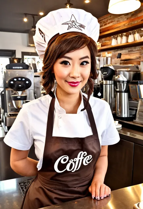 solo, female mascot, star butts coffee logo, (round shape with a star design), (wearing a barista uniform with an apron and a co...